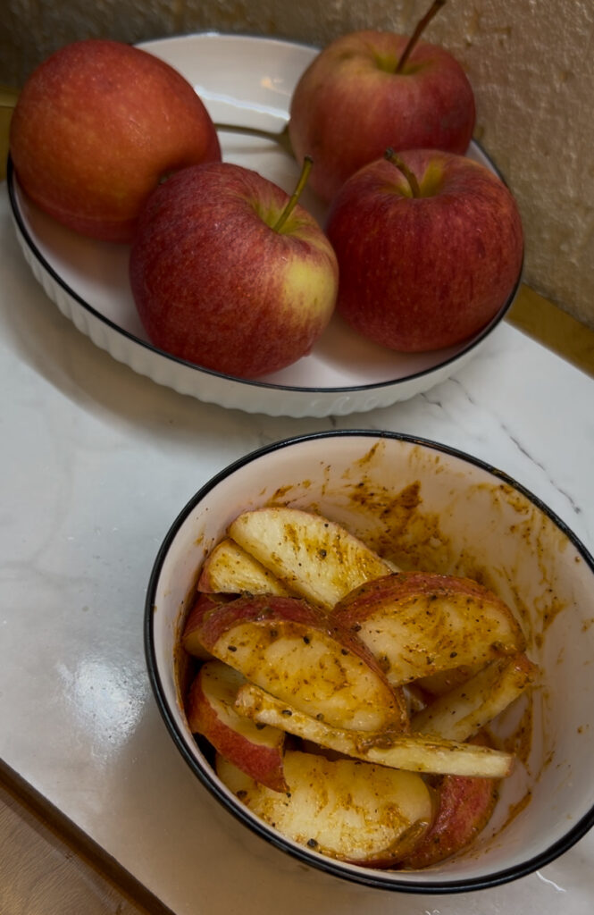 Healthy apple salad with walnuts and honey drizzle