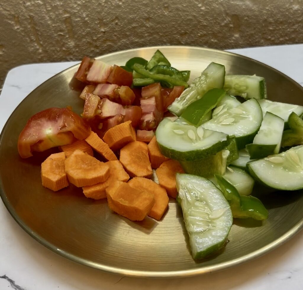 Healthy green gram salad in a white ceramic bowl