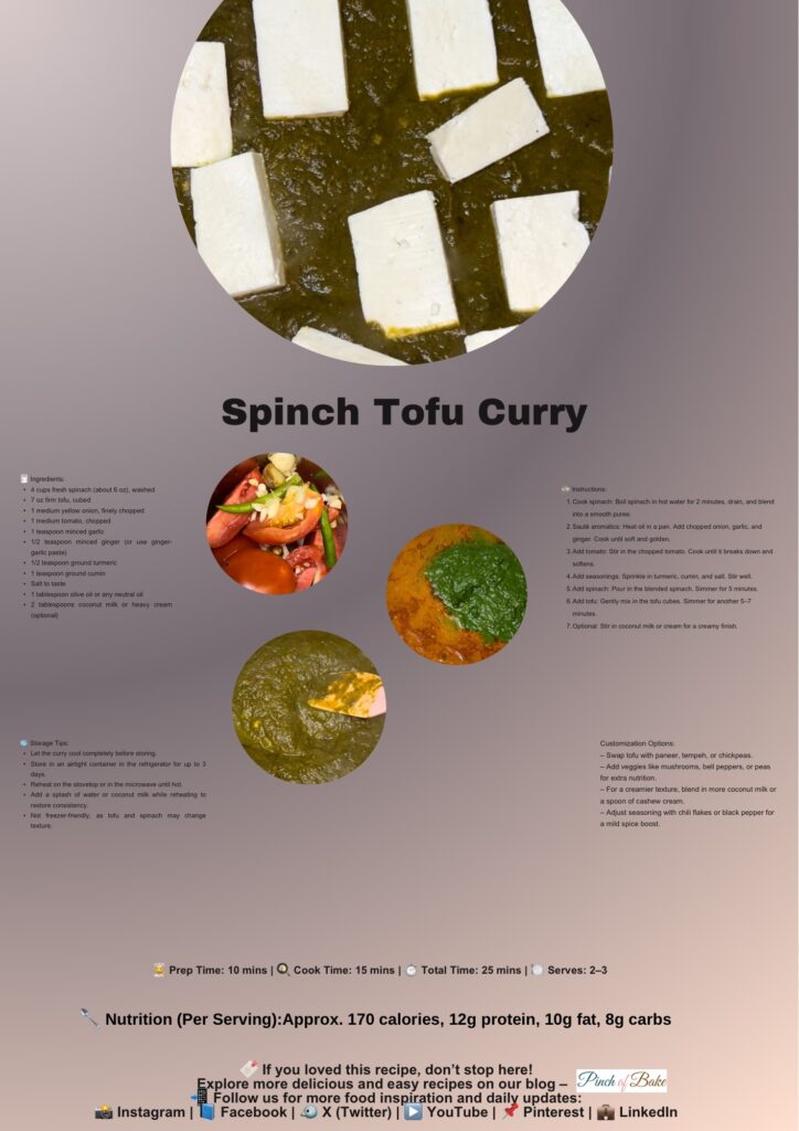 Fresh ingredients for spinach tofu curry laid out on a wooden board