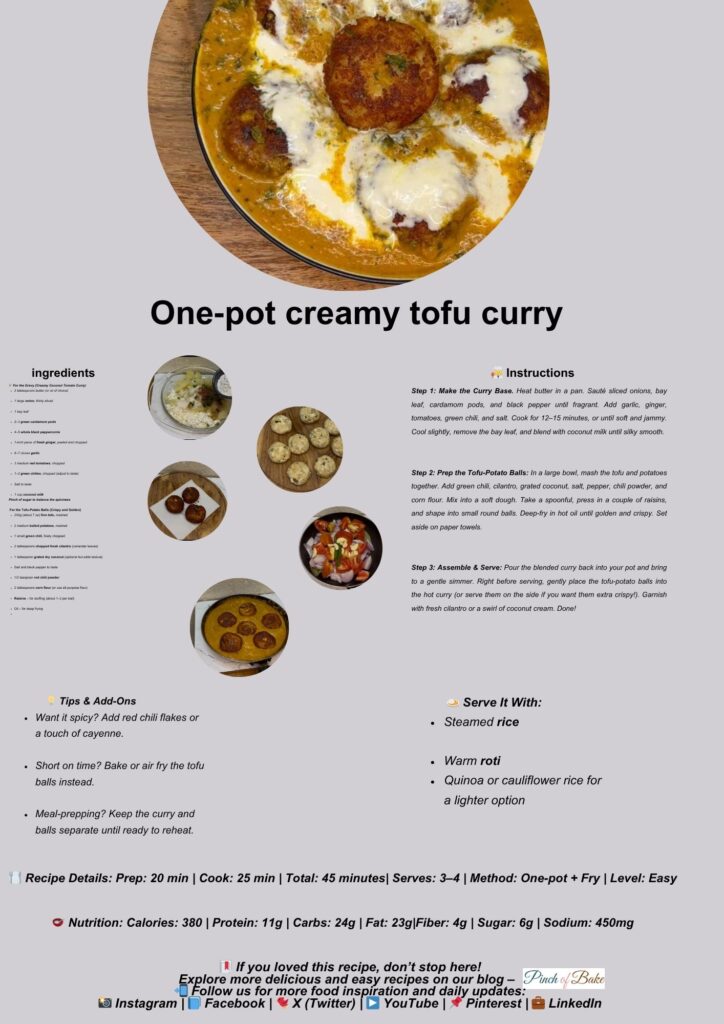Spoonful of creamy tofu curry being served from a one-pot dish