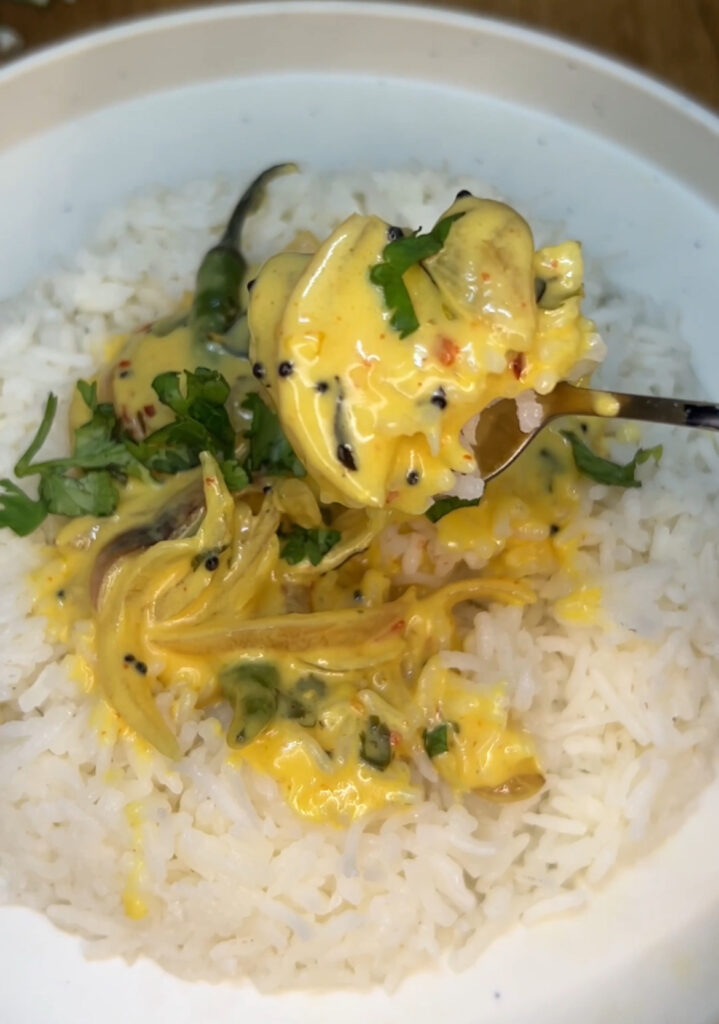 Easy yogurt curry garnished with cilantro and chili