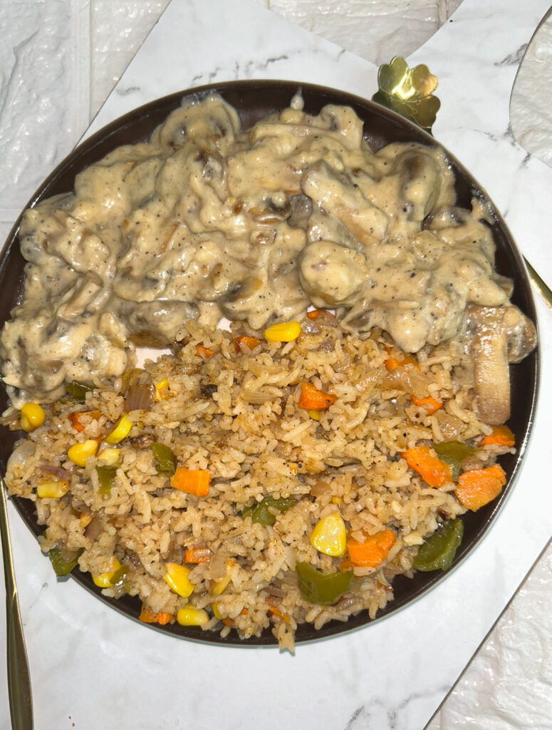 Delicious homemade vegetable rice with colorful veggies in a bowl