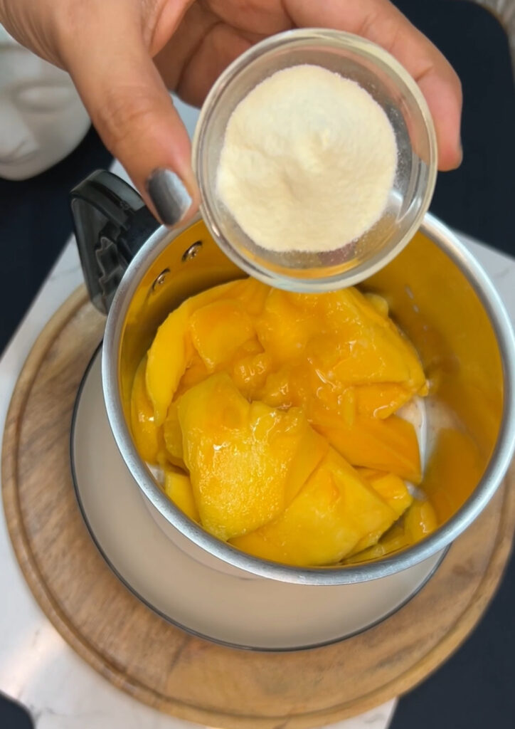 Delicious summer dessert mango ice cream close-up shot