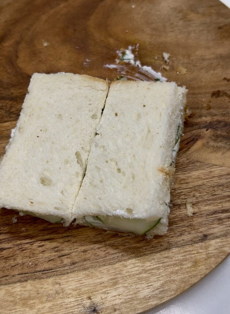 Close-up of a classic cucumber sandwich with cream cheese