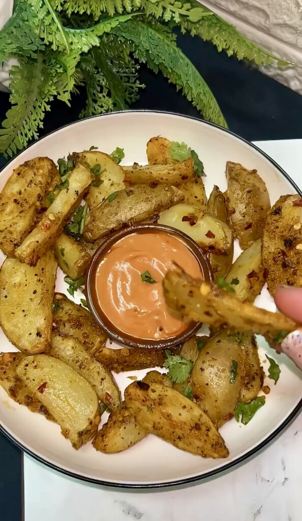 Golden crispy potato wedges served with dip
