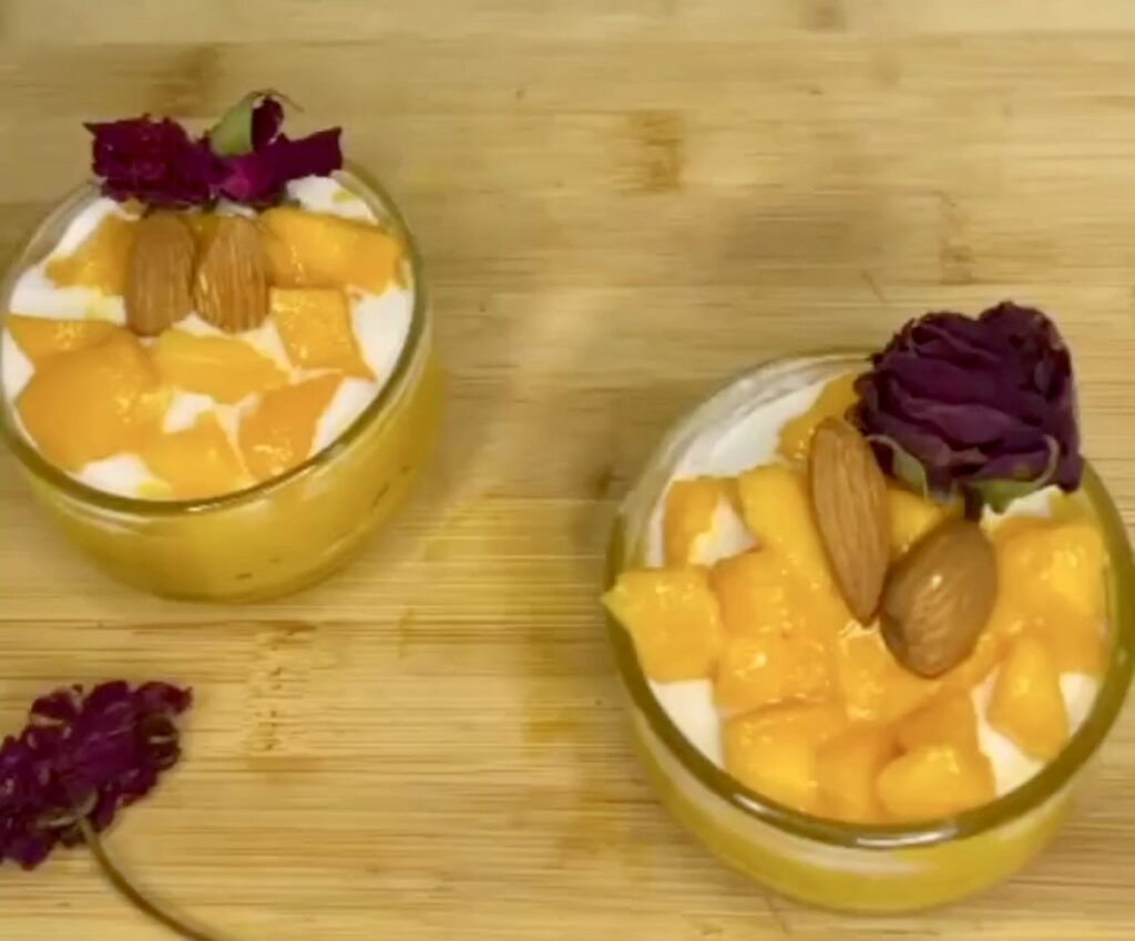 Refreshing mango pudding topped with diced mango and syrup